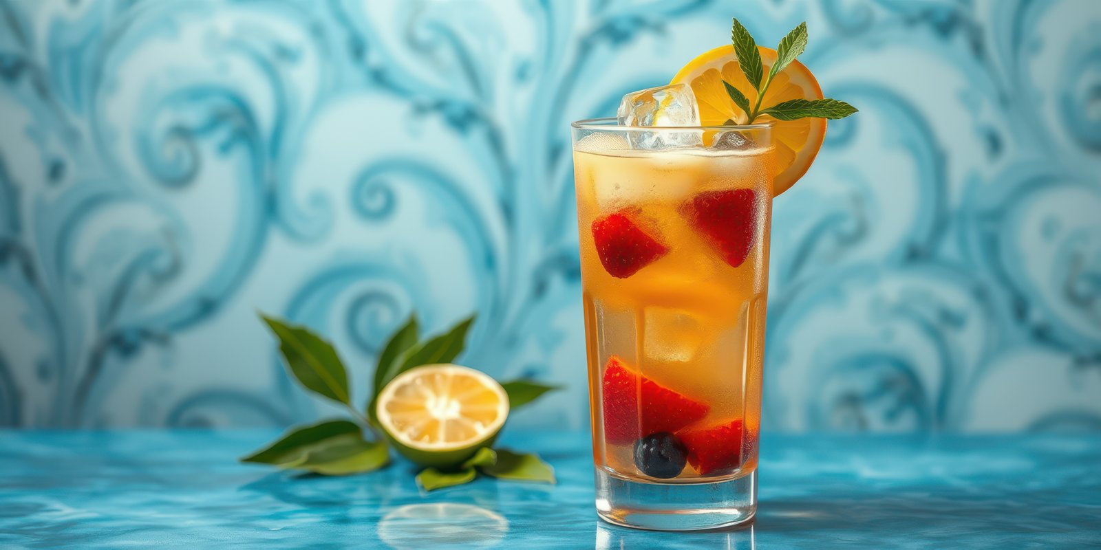 Refreshing summer drink with fruits served in a tall glass on a blue patterned background